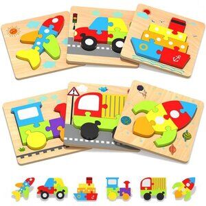 Wooden Toddler Puzzles Gifts Toys for 1 2 3 Years Old Boys Girls,6 Vehicle Shape